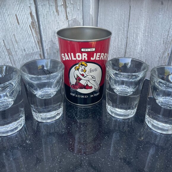 Sailor Jerry Shot Glass Lot 4 Heavy Thick Bottom & Spiced Rum Tin Cup - Picture 6 of 8